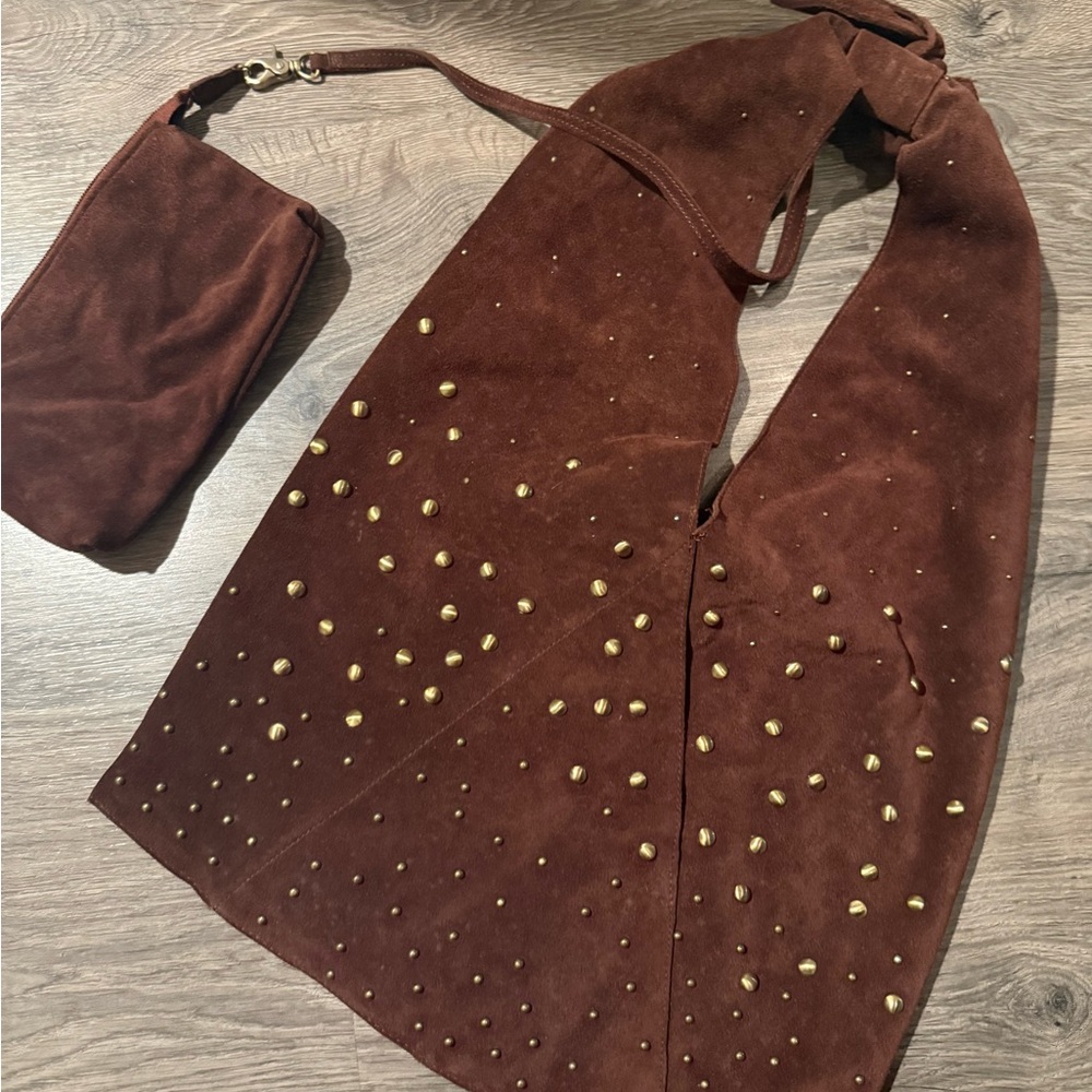 Brown Suede Studded Women's Bag Set